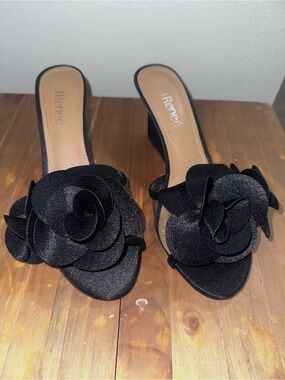 J.Renee Black Floral Satin Slide Sandals